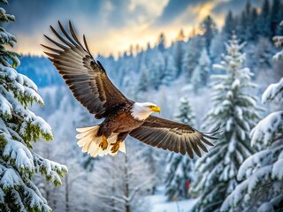 Fototapeta premium Majestic Bald Eagle Soaring Over Snowy Winter Forest - American Symbol of Freedom