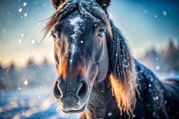Obraz premium Majestic Black Horse in Winter Wonderland: Close-up of Frozen Whiskers, Nose, and Lips in Snow