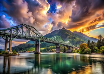 Obraz premium Majestic Bridge of the Gods, Cascade Locks, Oregon: Dramatic Mountain & Cloud Landscape Photography