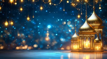 Festive Ramadan lantern, glowing lights, night scene, holiday card