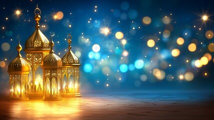 Obraz premium Ramadan lanterns glow, bokeh background, festive celebration