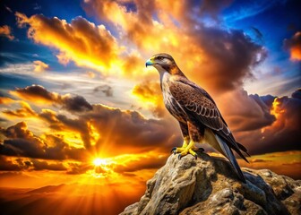 Fototapeta premium Majestic Duck Hawk Bird in Flight, Perched on a Rock, Wildlife Photography