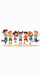 Fototapeta premium Cute Cartoon Children'S Drawing Of Many Happy Kids Holding Hands And Jumping, White Background