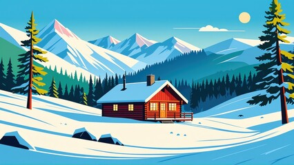 Fototapeta premium Cozy cabin in snowy mountain landscape at sunrise with pine trees and clear blue sky