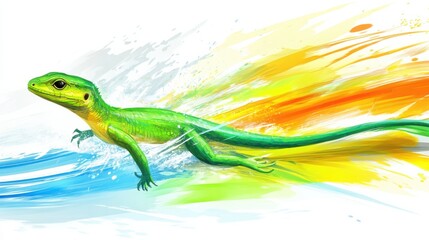 Colorful Green Lizard Illustrating Dynamic Movement with Vibrant Splash of Colors Representing Speed and Agility in a Creative Artistic Design