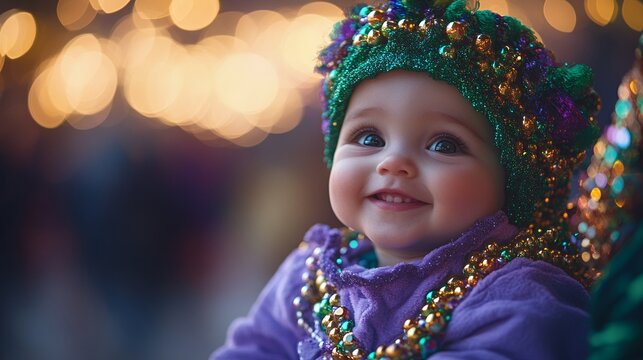 Happy baby Mardi Gras parade bokeh lights