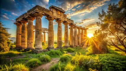 Fototapeta premium Majestic Hera Temple Ruins, Southern Italy: Ancient Greek Architecture, Sunlit Columns, Historical Site