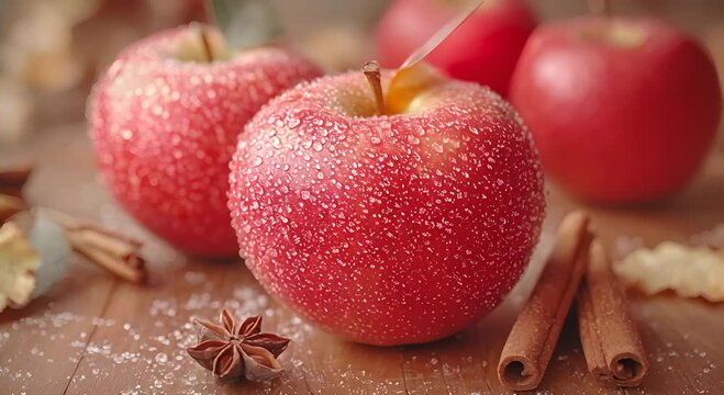 Fresh red apples with droplets, cinnamon sticks, and star anise on a wooden surface.