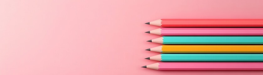 Fototapeta premium Colorful pencils arranged neatly on a pink background, showcasing vibrant hues and sharpened tips, perfect for creative projects.