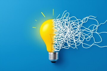 Illuminated yellow lightbulb transitioning into chaotic white scribbles on a vivid blue background, symbolizing creativity, ideas, and problem-solving. Ai generative
