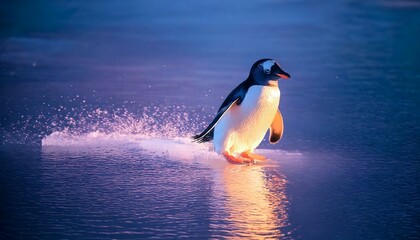 Obraz premium penguin sliding on softly glowing ice.