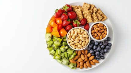 A balanced snack plate, with a variety of nuts, fruits