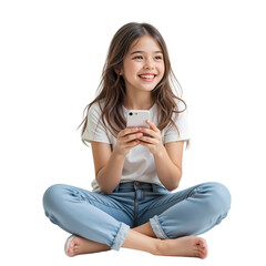 Happy Girl Child Using Smartphone Smiling Technology kid teen cute calm media jeans young mobile    