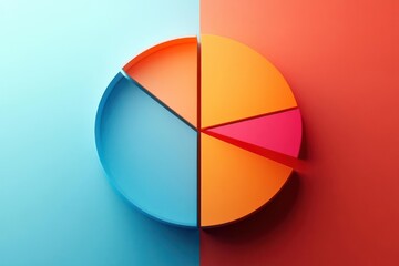 Obraz premium A colorful pie chart divided into sections, set against a contrasting blue and red background, representing data visualization and analysis.