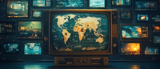 A retro TV set showing a world map