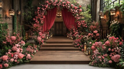 Fototapeta premium Romantic Wedding Floral Arch Entrance: Pink Roses, Red Curtains, Rustic Garden Setting