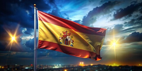 Majestic Spanish Flag Waving at Night: National Symbol, Patriotism, Spanish Pride