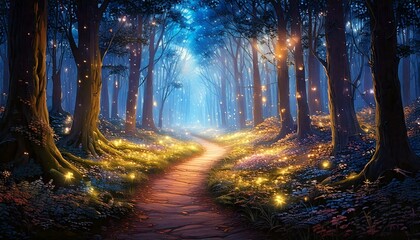 Fototapeta premium forest with softly shimmering fireflies and glowing paths.