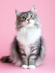 Obraz premium Beautiful fluffy grey and white cat with green eyes sitting on pink background, full body portrait, looking at camera.