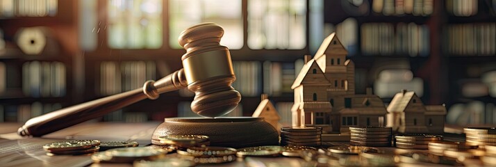 gavel coins and abstract houses on table with a wooden hammer