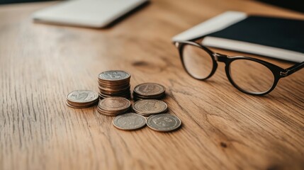 Stack of coins, eyeglasses, and notebooks on wooden desk.