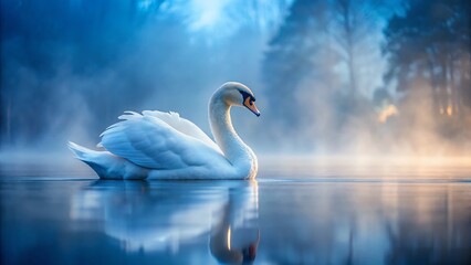Obraz premium Majestic White Swan Profile on Misty Blue Lake - Low Light Photography