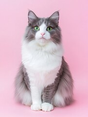 Beautiful fluffy grey and white cat with green eyes sitting on pink background, full body portrait, looking at camera.