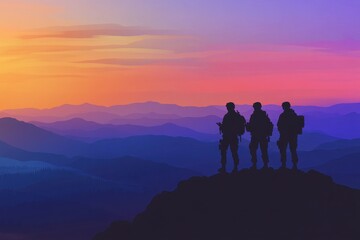Three Silhouetted Soldiers Standing on Mountain Peak Against a Vibrant Sunset Skyline with Colorful Horizon and Layered Mountain Ranges in the Background
