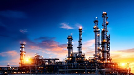 Industrial complex at sunset with glowing towers and a vibrant sky, symbolizing energy production