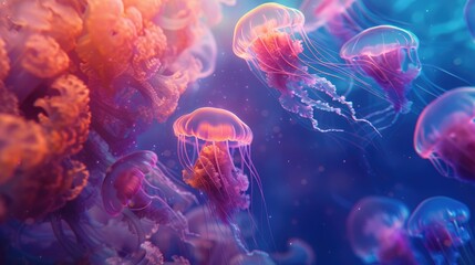 a group of glowing jellyfish in an aquarium