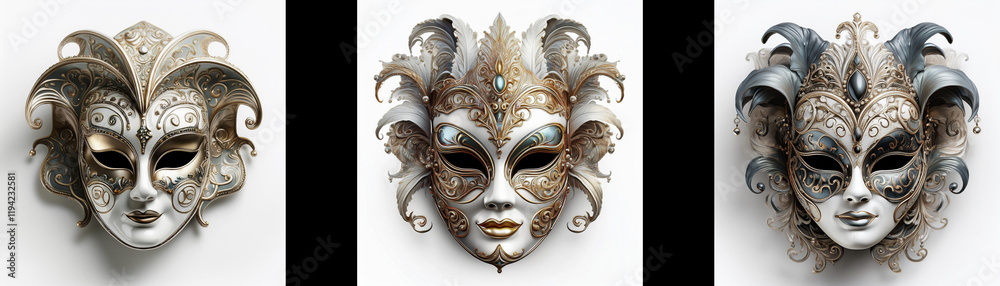Poster three ornate venetian masks, viewed from an aerial perspective, showcase intricate detailing and var