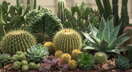 Fototapeta premium Vibrant desert cactus garden with diverse succulents in natural sunlight