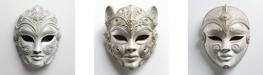 Naklejka premium Elegant, ornate Venetian-style masks, possibly from Hong Kong, shown in an aerial view. The craftsmanship is exquisite; each mask features intricate detailing.