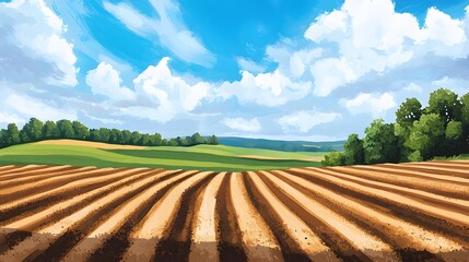 Plowed Fields Under a Summer Sky Landscape