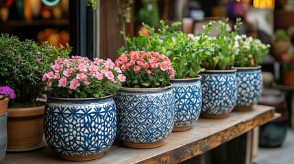 Blue-potted flowers displayed outdoors, shop background