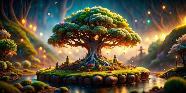 Miniature Norse Mythology Yggdrasil World Tree, Fantasy Landscape, Tilt-Shift Photography