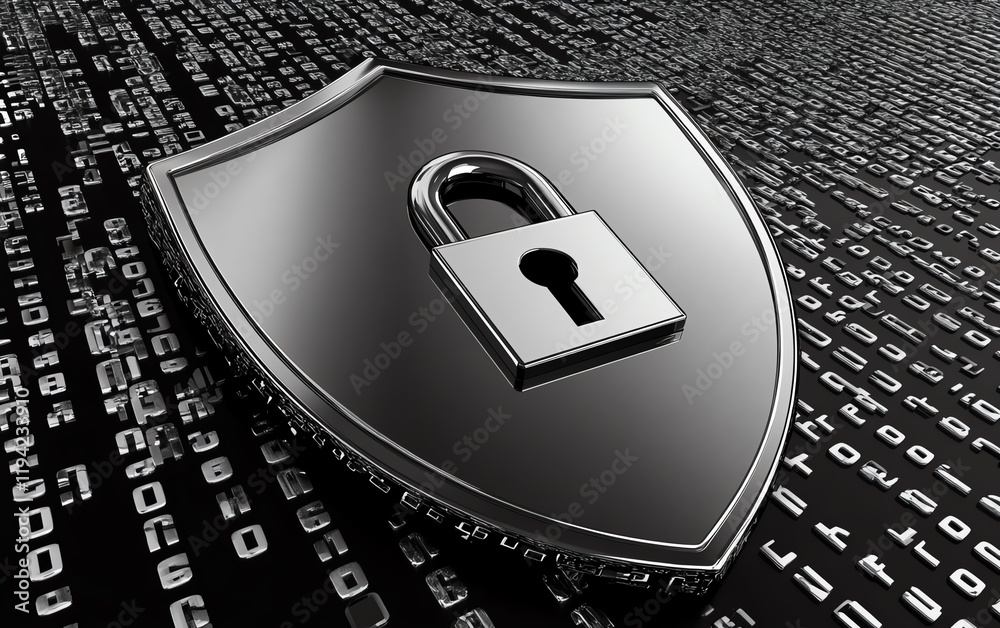 Poster a metallic shield icon with a robust lock in the center, surrounded by binary code patterns, represe