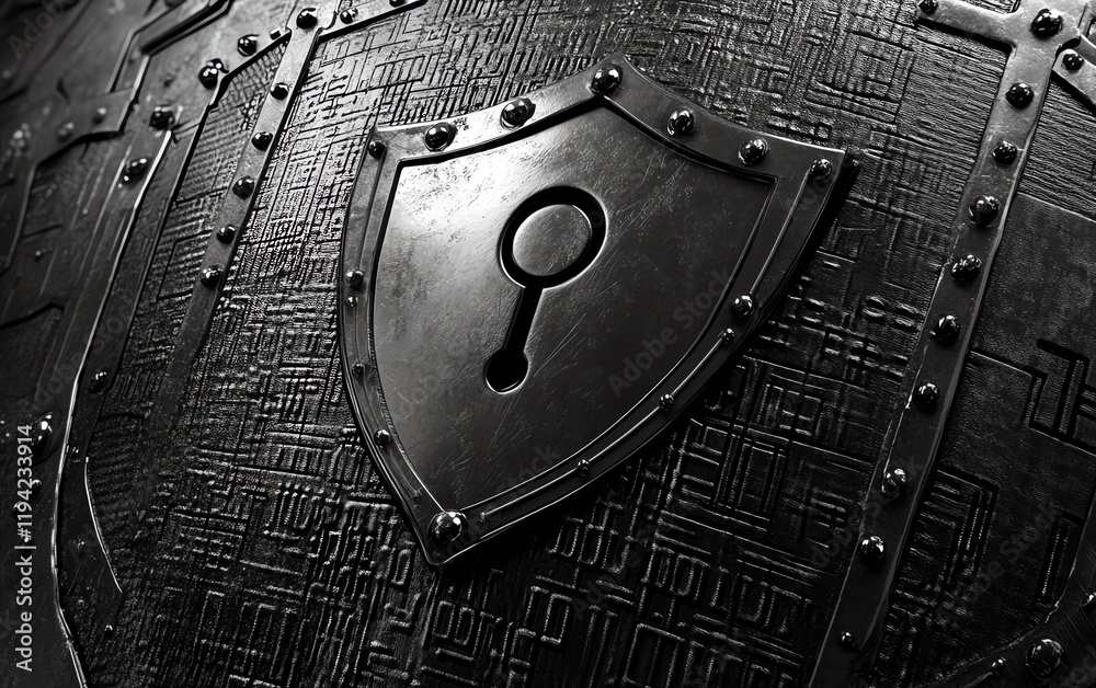 Poster a metallic shield icon with a robust lock in the center, surrounded by binary code patterns, represe