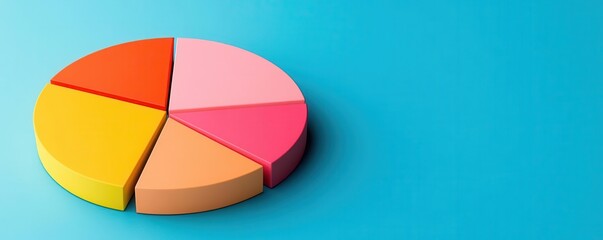 Fototapeta premium A colorful pie chart on a blue background, representing data distribution with distinct segments in various shades.