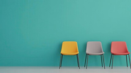 A vibrant turquoise wall serves as a backdrop for three modern chairs in yellow, grey, and red, creating a stylish and minimalistic interior.