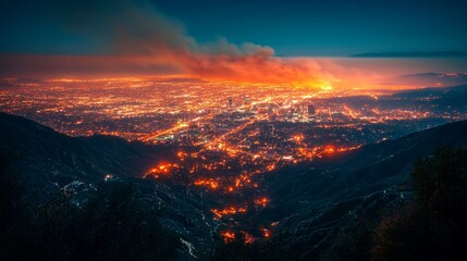 Cityscape wildfire night smoke hills danger alert
