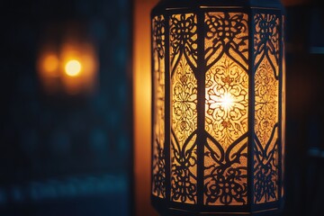 Close-up of a lantern with intricate Chinese designs, casting warm light against a dark backdrop, symbolizing festive celebrations.