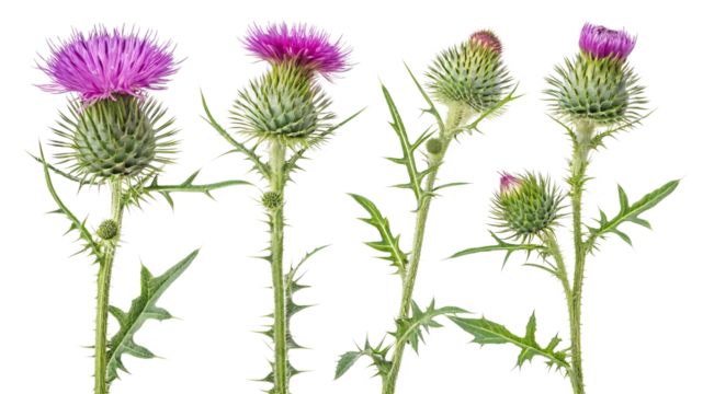 Five Thistle Plants, Isolated on Transparent Background, Botanical Illustration, Floral Design, Nature, Thistle, Botany, Plant