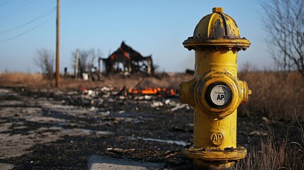 Fototapeta premium Rural fire aftermath, hydrant stands sentinel, charred house in background. Possible use disaster, tragedy, rebuilding