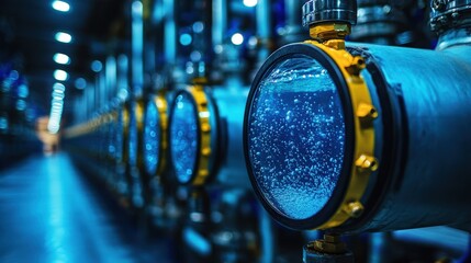 Close-Up View of Industrial Pipe with Clear Liquid and Bubbles, Blue Lighting, and Metallic Fixtures in a Modern Manufacturing Facility