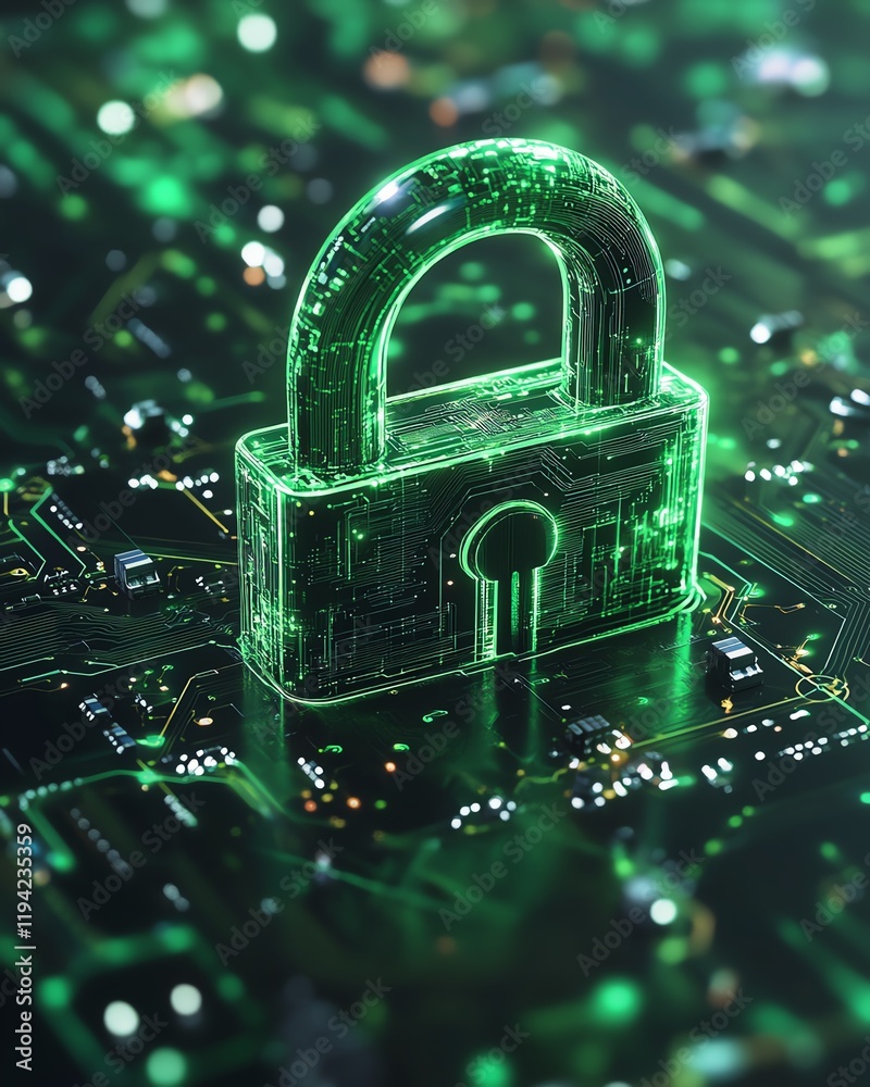 Poster a glossy green padlock icon with a cyberinspired design, surrounded by a complex web of circuit boar