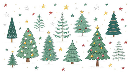 Hand-Drawn Christmas Trees Clipart Multiple Festive Designs Isolated on Transparent Background, Illustration, PNG, Christmas, Holiday, Tree