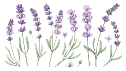 Hand-Drawn Lavender Sprigs Collection Isolated on Transparent Background, Botanical Illustration, Floral Design, Lavender, Herbs, Botanical