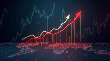 Growing Upward Arrows, Map And Forex Chart On Wide Dark Background. Global Trends,
