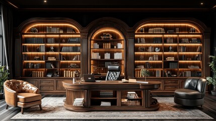 Luxurious dark wood study with large desk, leather chairs, and built-in bookshelves with warm lighting.
